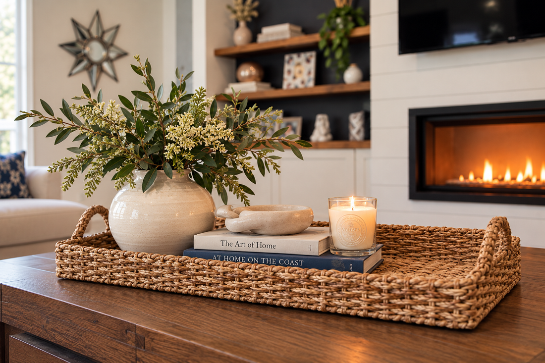 Woven decorative tray styled with a ceramic vase, greenery, books and candle on a coffee table