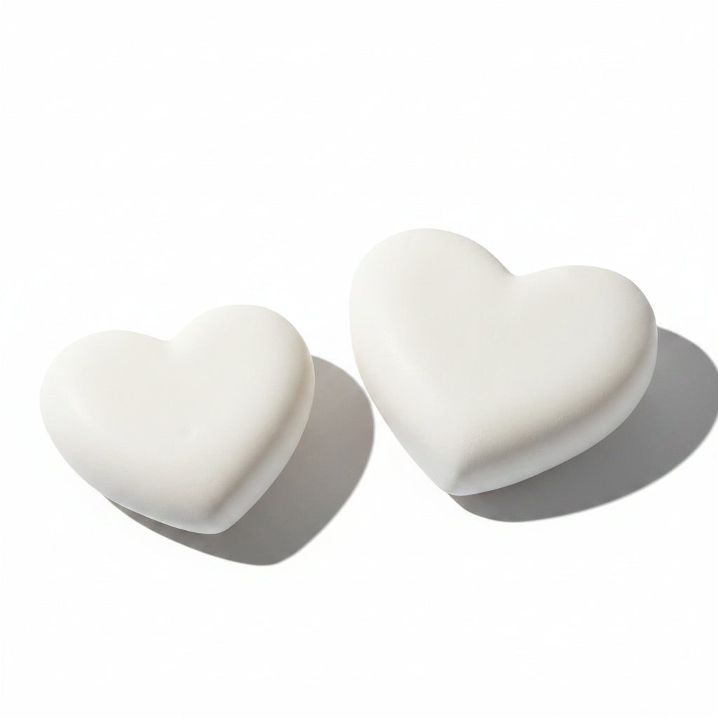 Two heart-shaped stones on a white background